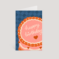 Birthday card with cake design and 'happy birthday' text on a blue checkered background