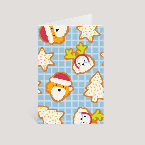 Greeting card with cartoon dog christmas cookies on a blue checkered background