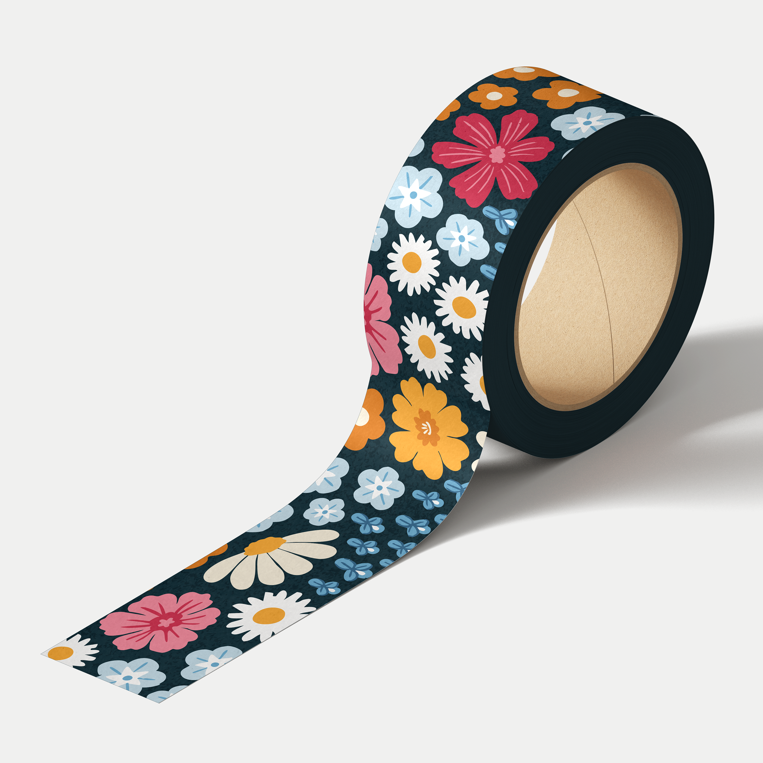 Floral-patterned tape roll on a white background