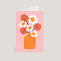 Greeting card with an orange vase and flowers on a pink background