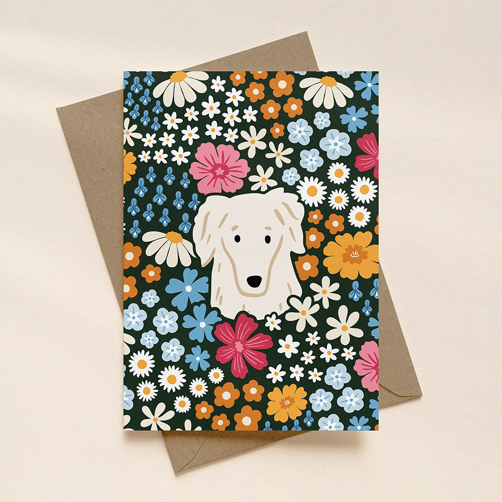 Greeting card with a dog illustration surrounded by colorful flowers on a beige background