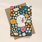 Greeting card with a dog illustration surrounded by colorful flowers on a beige background
