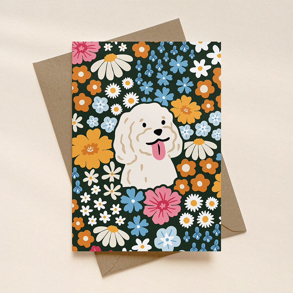 Greeting card with a dog illustration surrounded by colorful flowers on a beige background