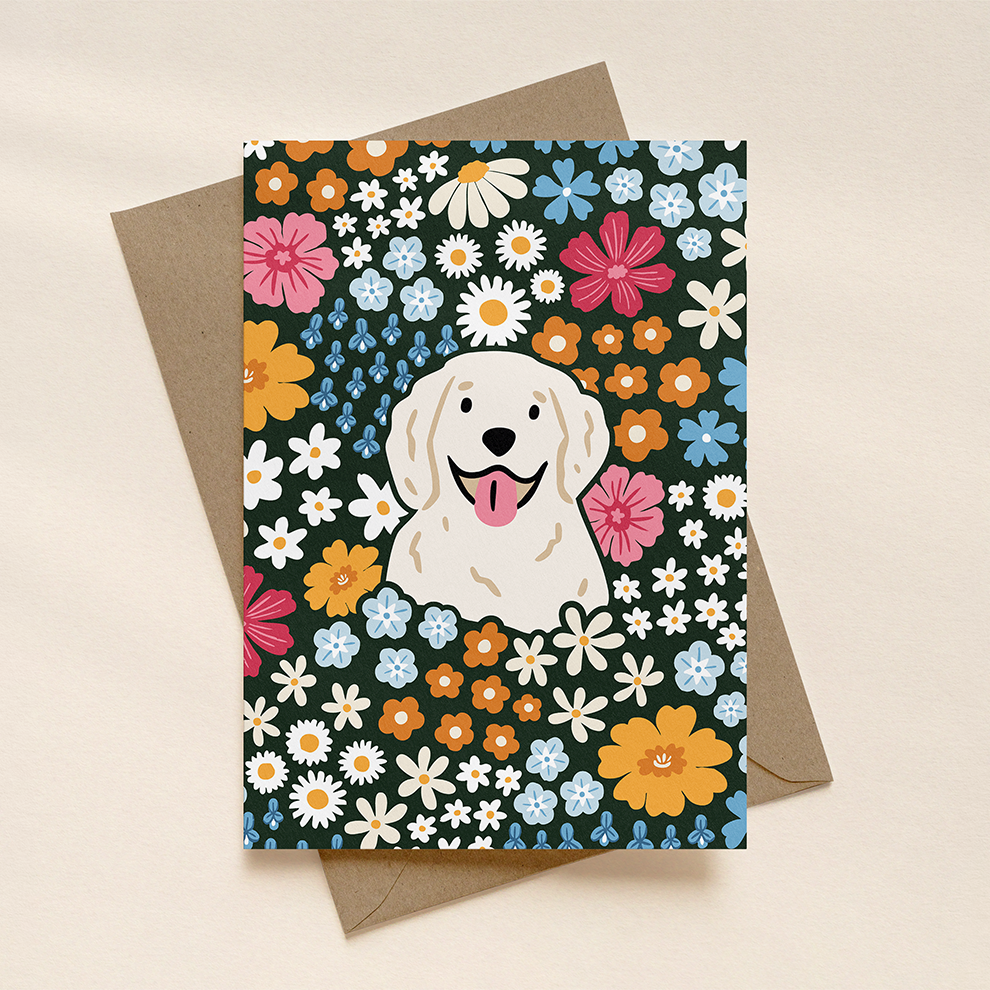 Greeting card with a dog illustration surrounded by colorful flowers on a beige background