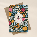 Greeting card with a dog illustration surrounded by colorful flowers on a beige background