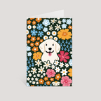 Greeting card with a dog surrounded by colorful flowers on a green background