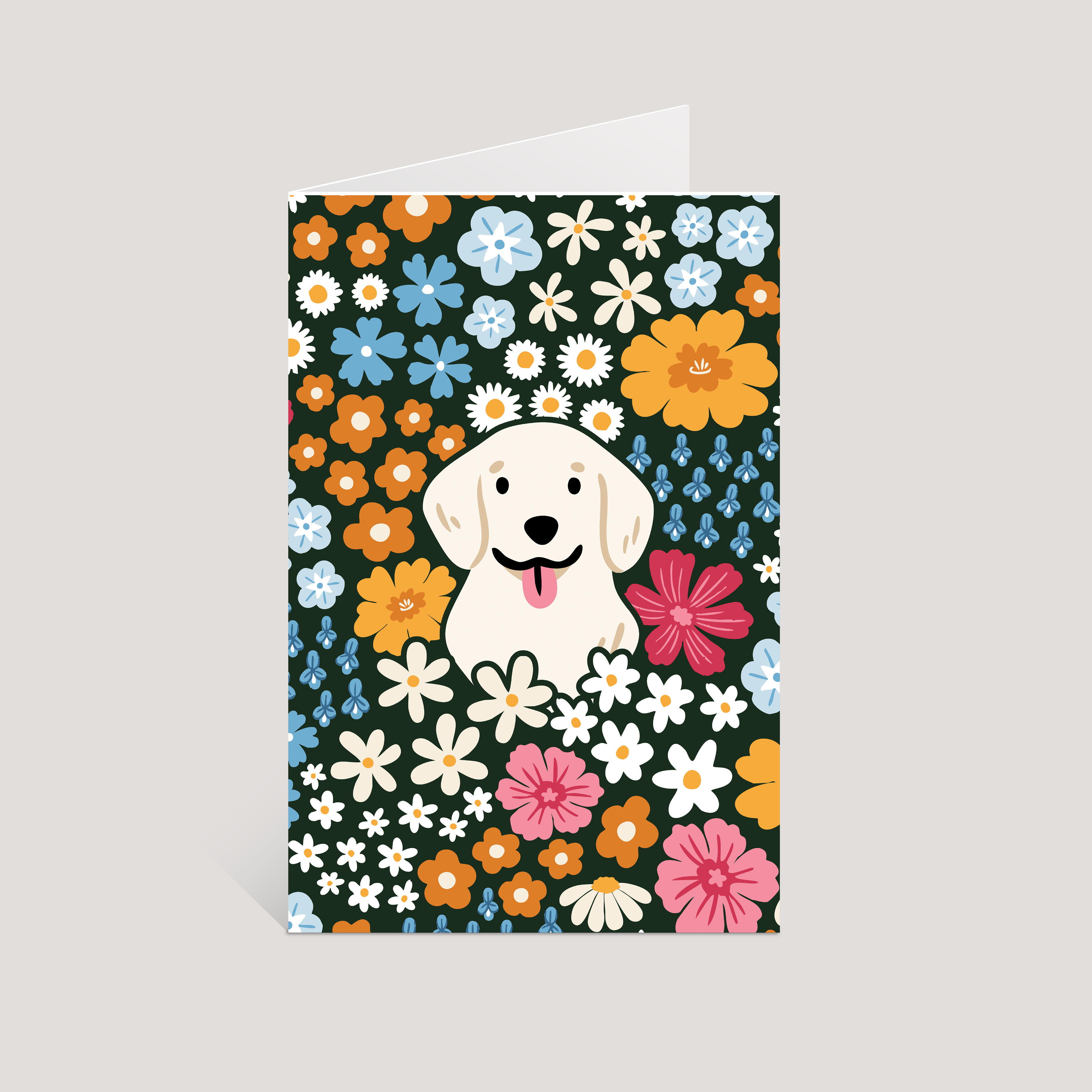 Greeting card with a dog surrounded by colorful flowers on a green background