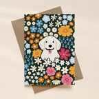 Greeting card with a dog illustration surrounded by colorful flowers on a dark background