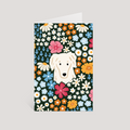 Greeting card with a dog illustration surrounded by colorful flowers on a dark green background