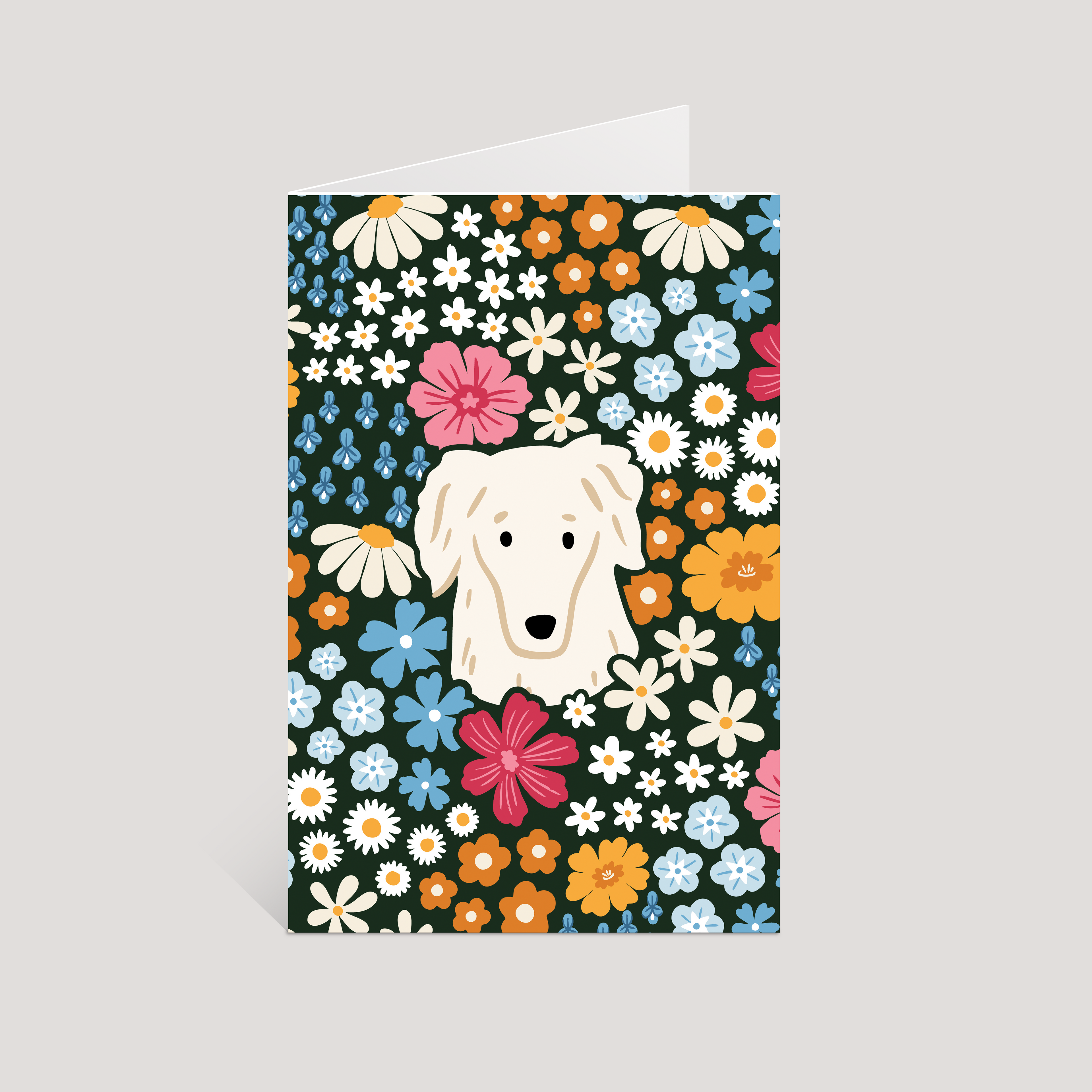 Greeting card with a dog illustration surrounded by colorful flowers on a dark green background