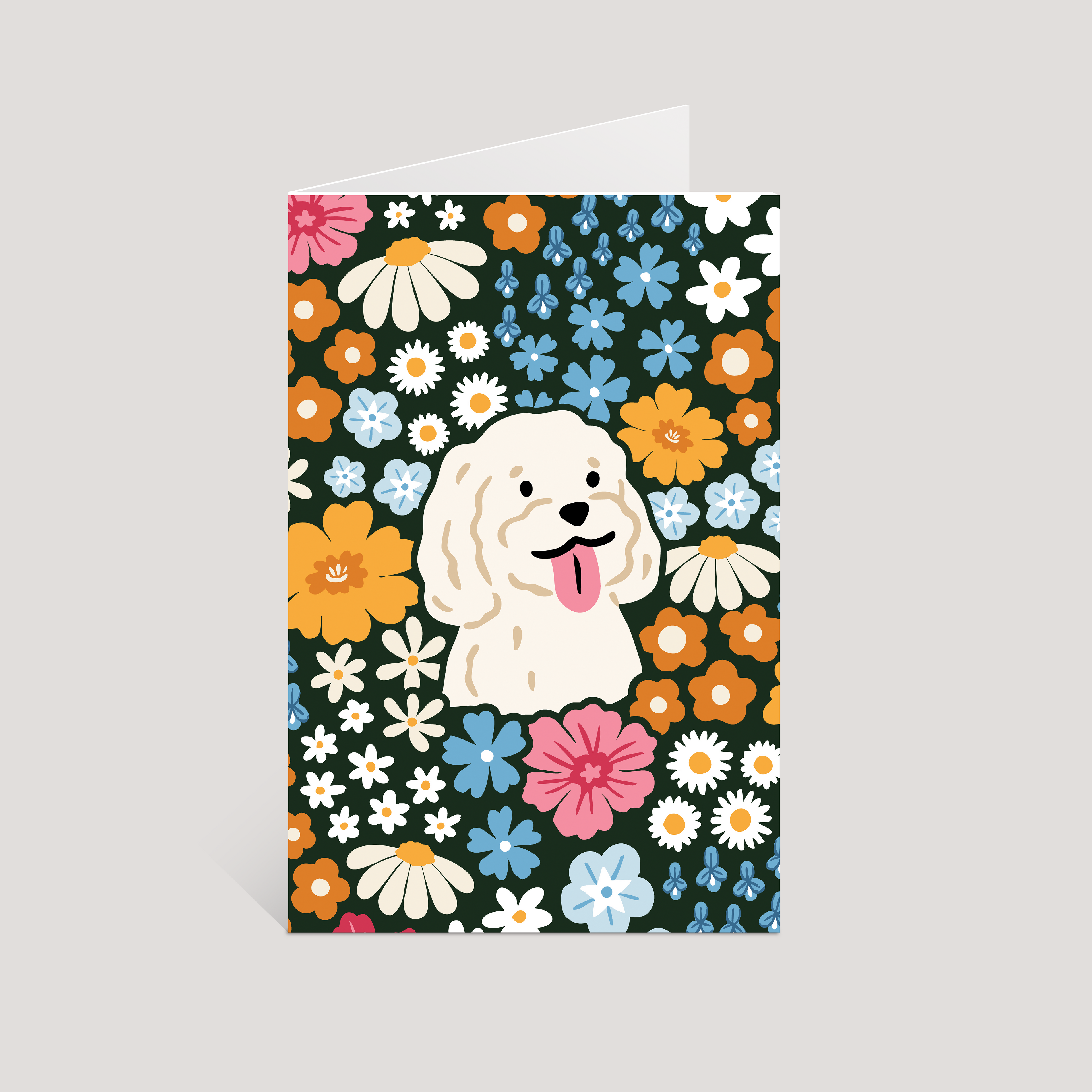Greeting card with a dog illustration on a floral patterned background