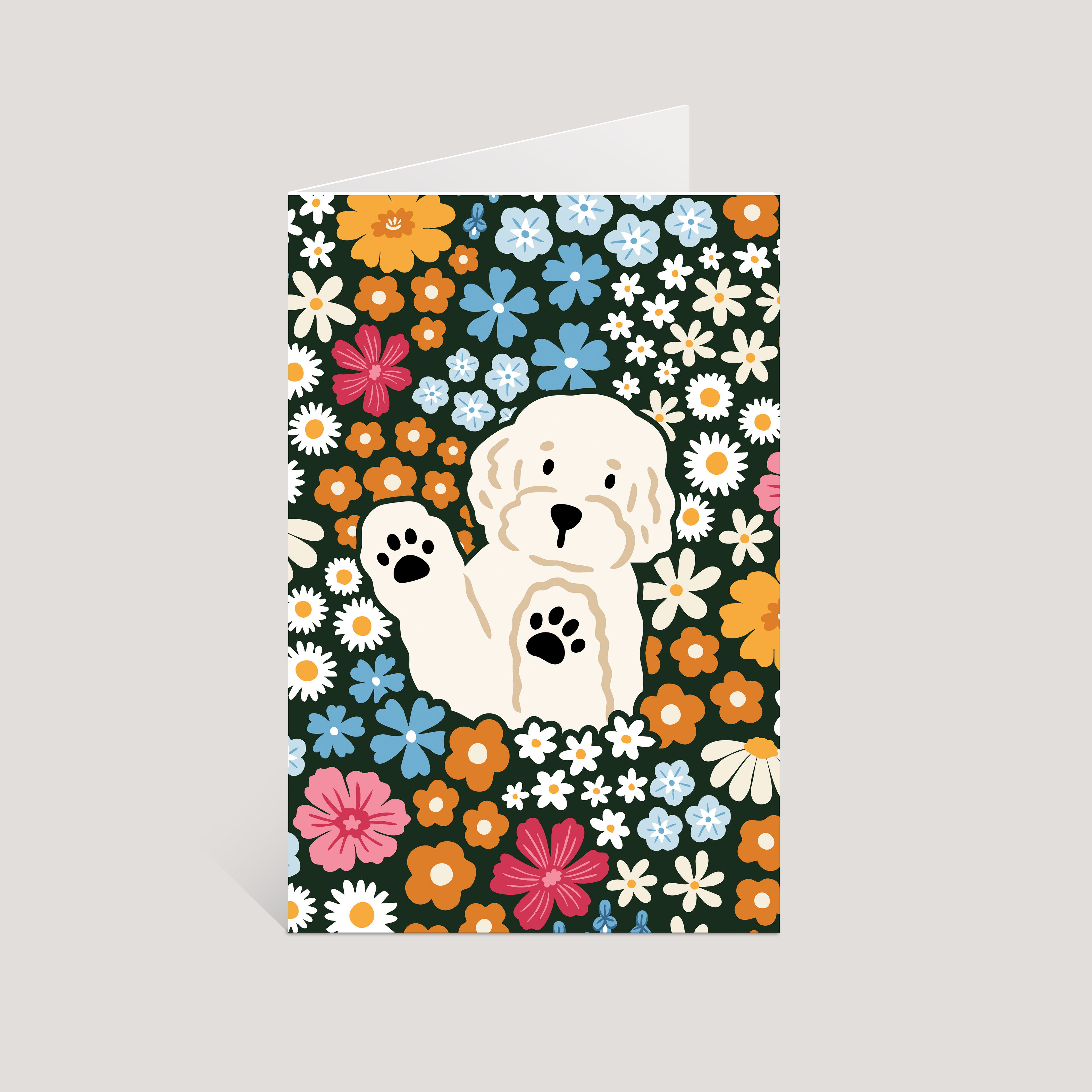 Greeting card with a white dog illustration on a floral background