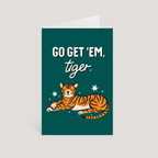 Greeting card with a tiger illustration and motivational text on a green background