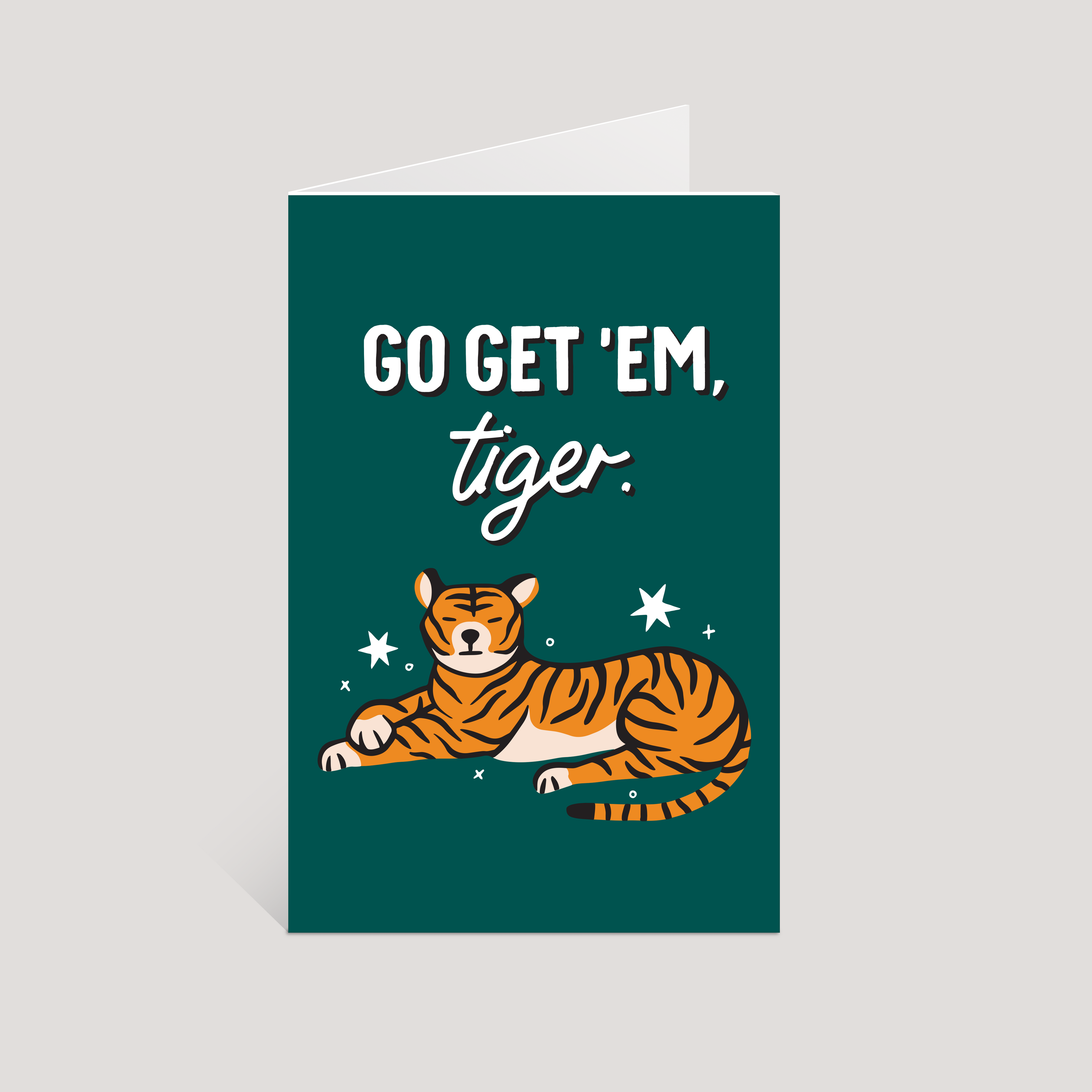 Greeting card with a tiger illustration and motivational text on a green background