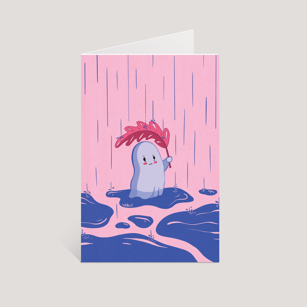 Greeting card with a cute illustration of a grumpy ghost with a leaf in a pink and blue rainy landscape.