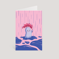 Greeting card with a cute illustration of a grumpy ghost with a leaf in a pink and blue rainy landscape.