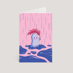 Greeting card with a cute illustration of a grumpy ghost with a leaf in a pink and blue rainy landscape.