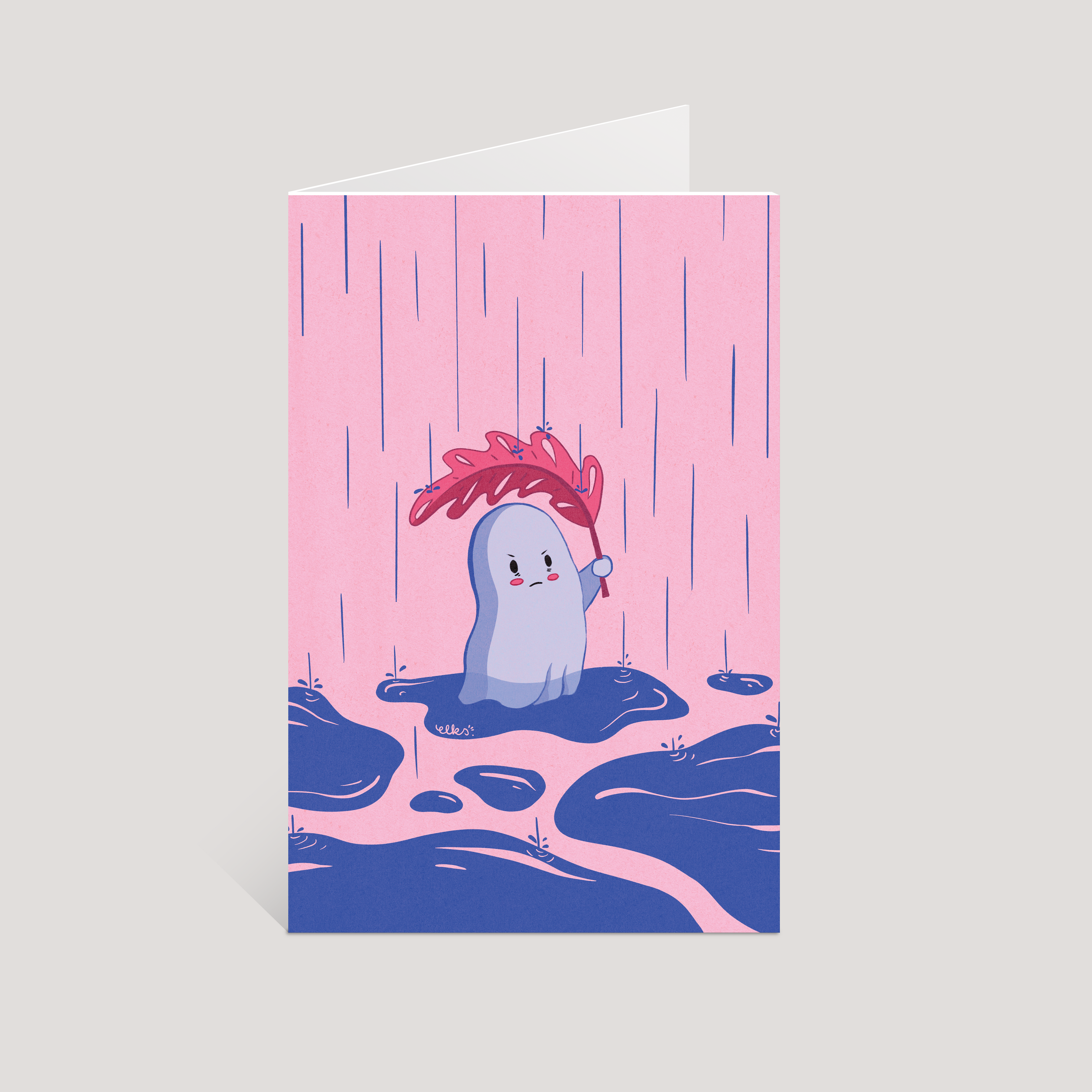 Greeting card with a cute illustration of a grumpy ghost with a leaf in a pink and blue rainy landscape.