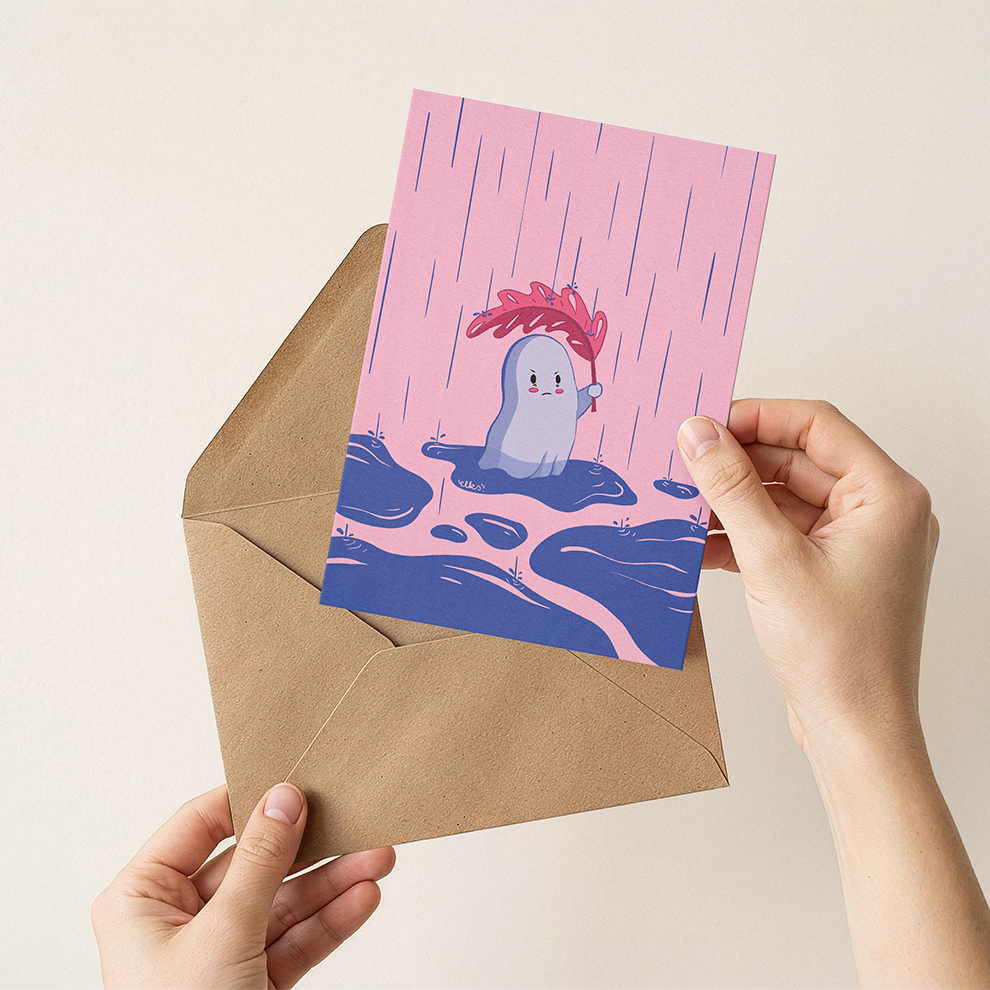 Greeting card with a cute illustration of a grumpy ghost with a leaf in a pink and blue rainy landscape.