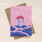 Greeting card with a cute illustration of a grumpy ghost with a leaf in a pink and blue rainy landscape.