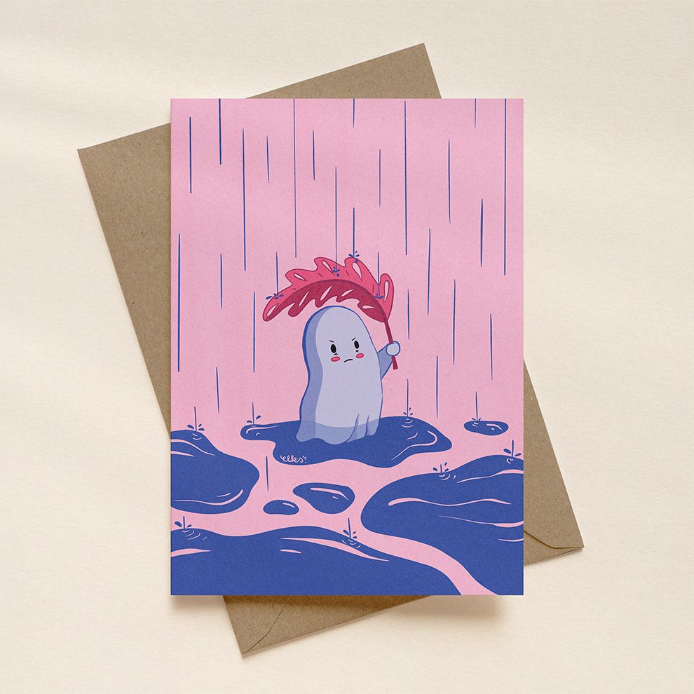Greeting card with a cute illustration of a grumpy ghost with a leaf in a pink and blue rainy landscape.