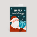 Greeting card with Santa Claus holding a gift and 'Happy holidays!' text on a blue background.