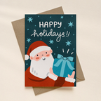 Christmas card with Santa Claus holding a gift and 'Happy holidays!' text on a blue background.