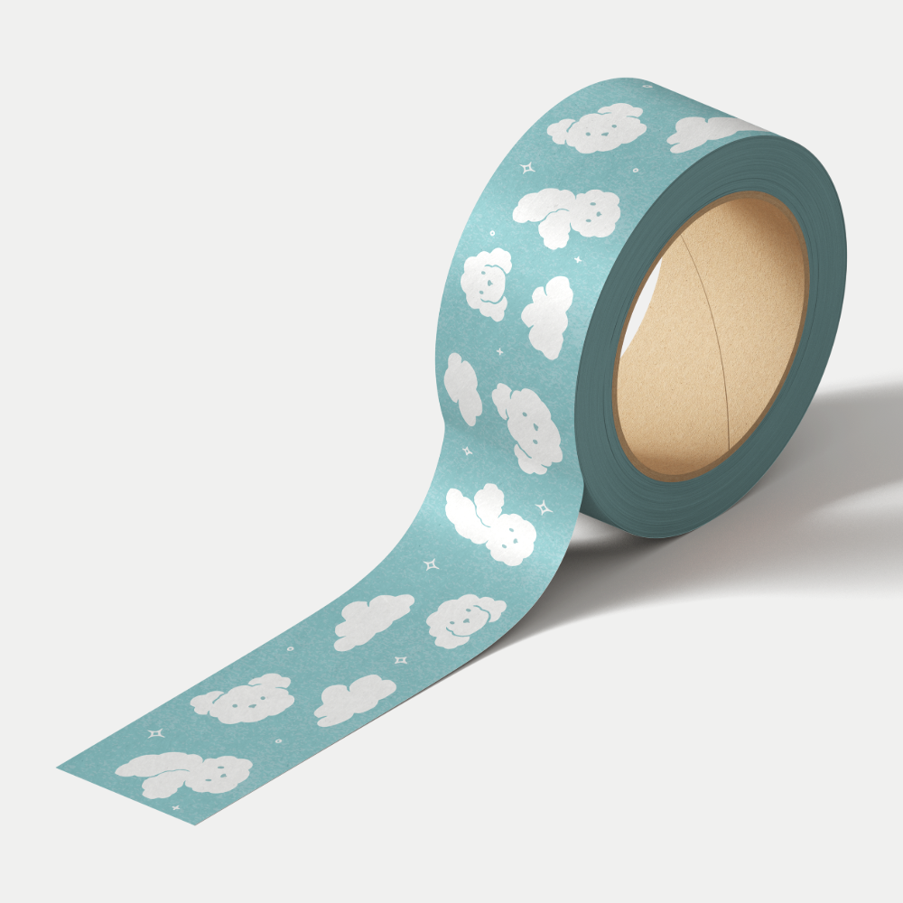 Cloud Animals washi tape featuring cute cloud animals including a bear, dog and bunny floating through a soft blue sky