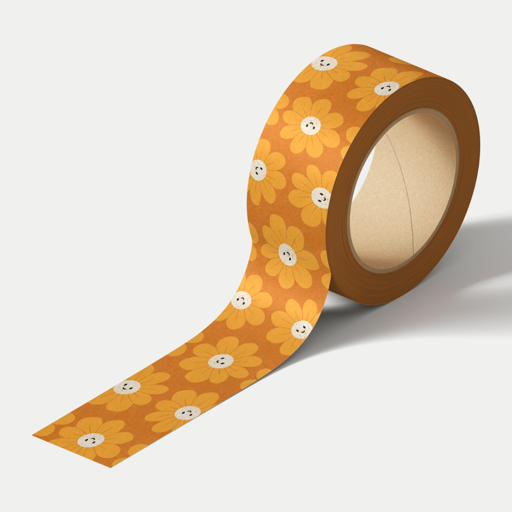 Happy Flowers washi tape featuring cute smiling flowers in bright orange and yellow colours