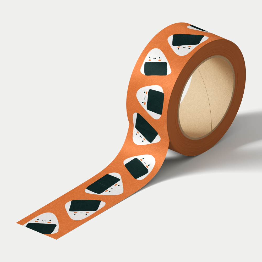 Orange Onigiri washi tape with cute smiling onigiri illustrations on a playful orange background