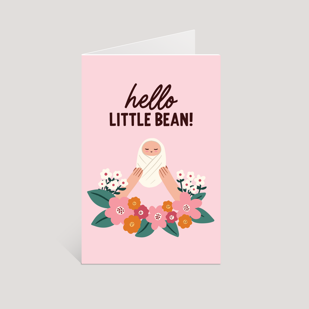 Greeting card with 'hello little bean!' text and baby illustration on a pink background