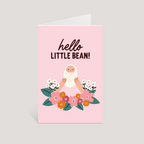 Greeting card with 'hello little bean!' text and baby illustration on a pink background