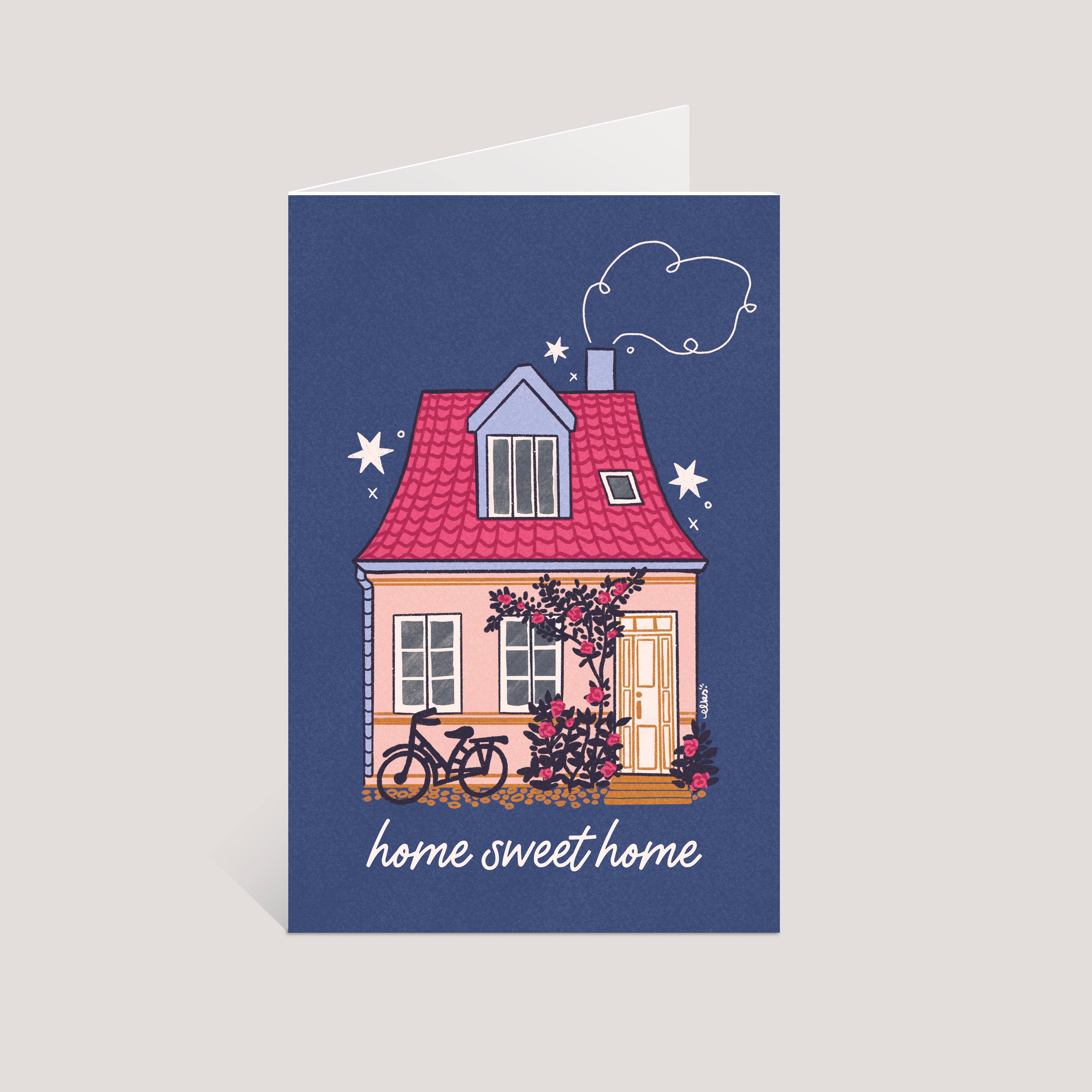 Greeting card with a house illustration and 'home sweet home' text on a blue background
