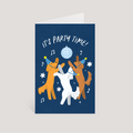 Greeting card with dancing dogs illustration and 'It's Party Time!' text on a blue background.