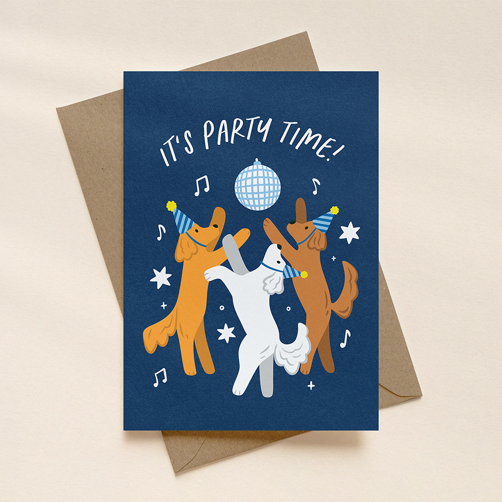 Greeting card with party animals illustration and 'It's Party Time!' text on a blue background.