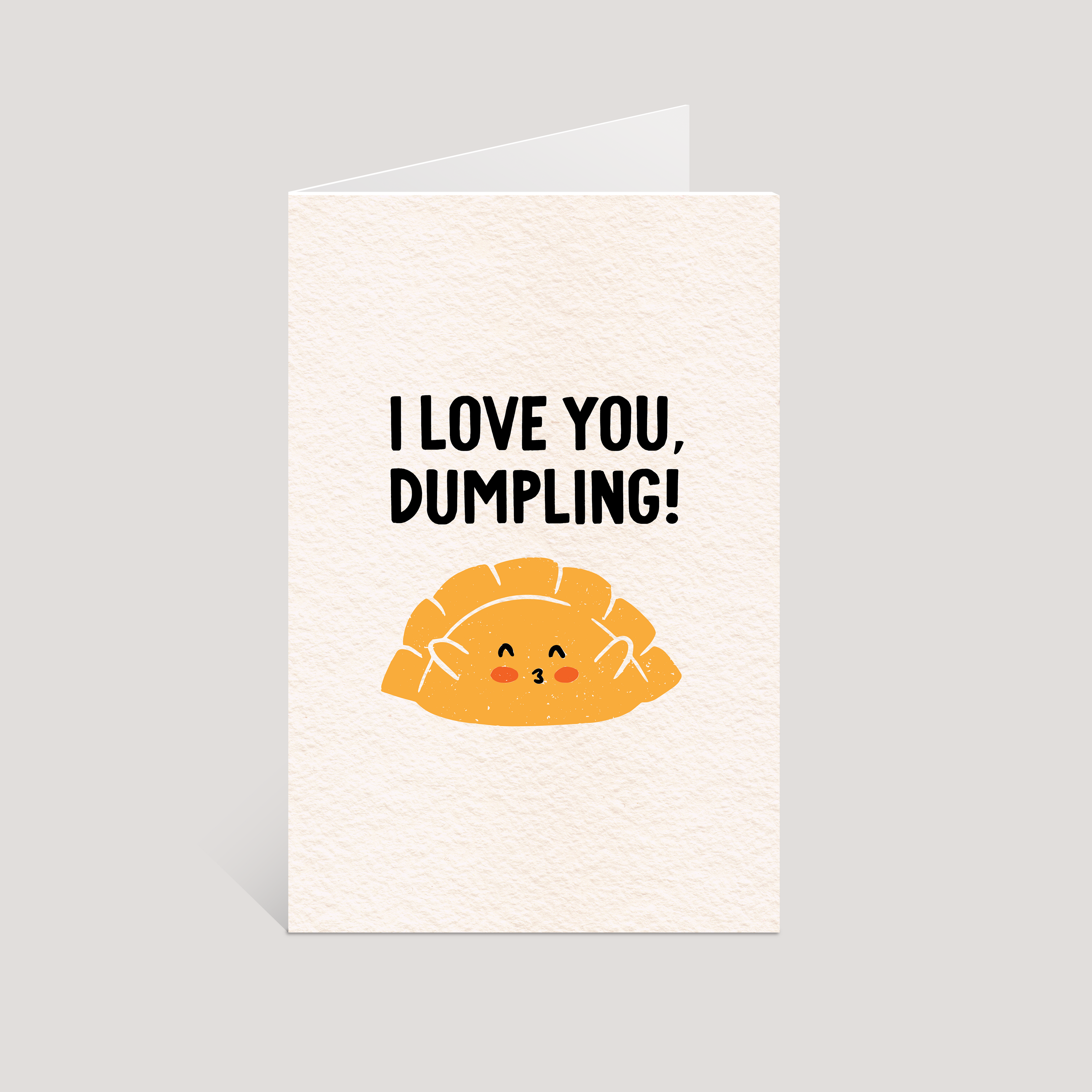 Greeting card with a dumpling illustration and text 'I Love You, Dumpling!' on a light gray background
