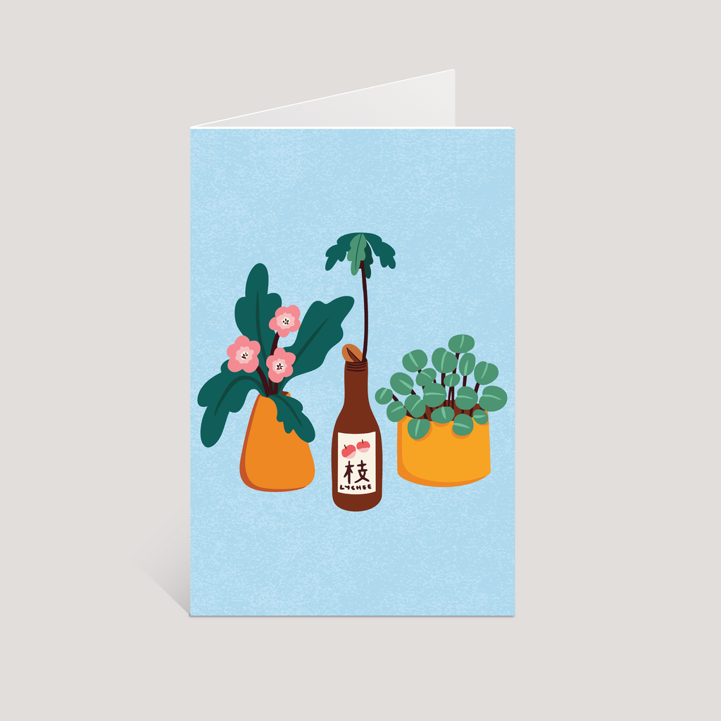 Greeting card with illustrations of plants and a bottle on a light blue background