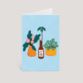 Greeting card with illustrations of plants and a bottle on a light blue background
