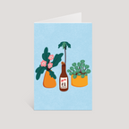 Greeting card with illustrations of plants and a bottle on a light blue background