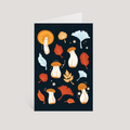 Greeting card with autumn-themed illustrations of mushrooms and leaves on a dark blue background.