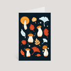 Greeting card with autumn-themed illustrations of mushrooms and leaves on a dark blue background.