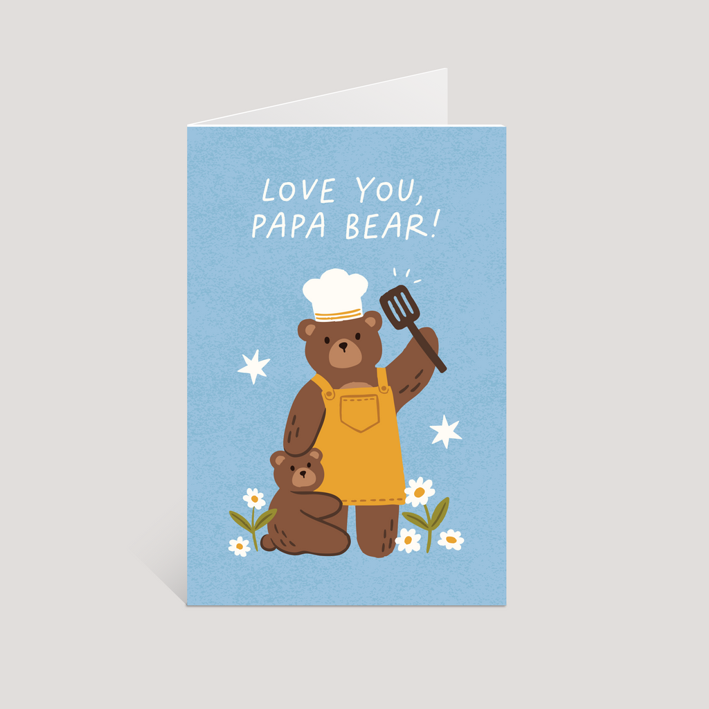 Greeting card with a bear wearing a chef's hat and apron, holding a spatula, on a blue background with 'Love You, Papa Bear!' text.