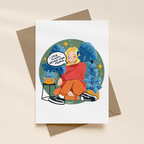 Greeting card with illustration of a person surrounded by plants on a beige background