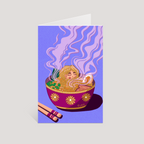 Illustrated card with a girl in a bowl of ramen, held over a brown envelope.