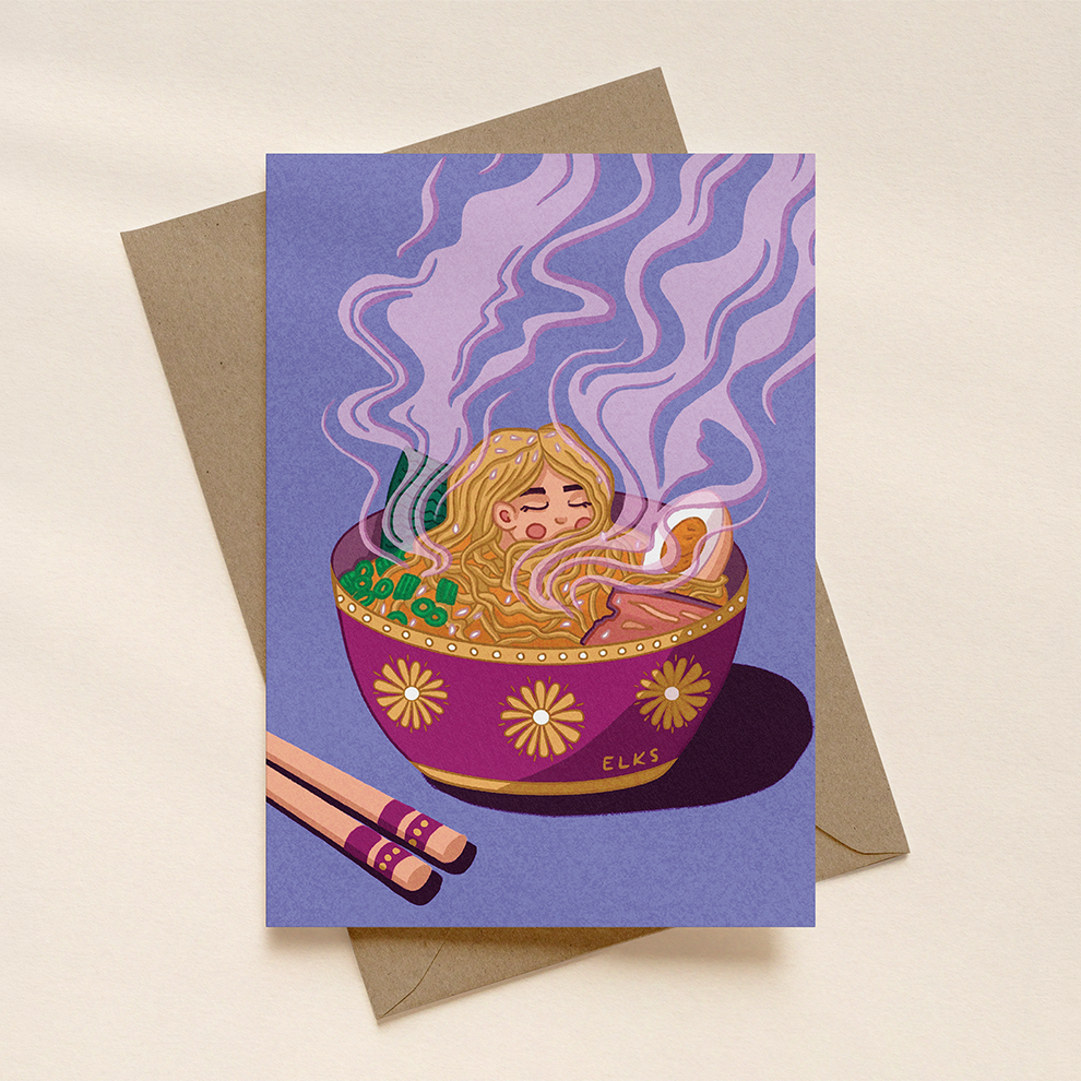 Illustrated card with a girl in a bowl of ramen, held over a brown envelope.