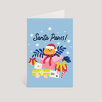 Greeting card with a cartoon dog wearing a Santa hat and the text 'Santa Paws!' on a light blue background.