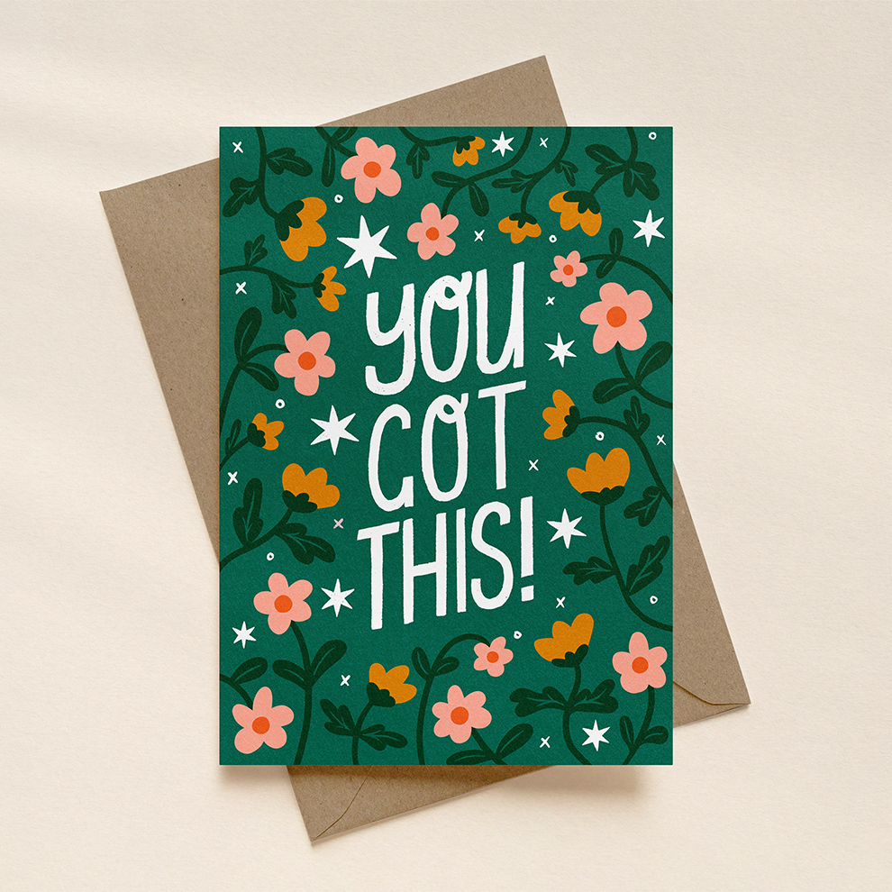 Greeting card with 'You Got This!' text and floral design on a beige background